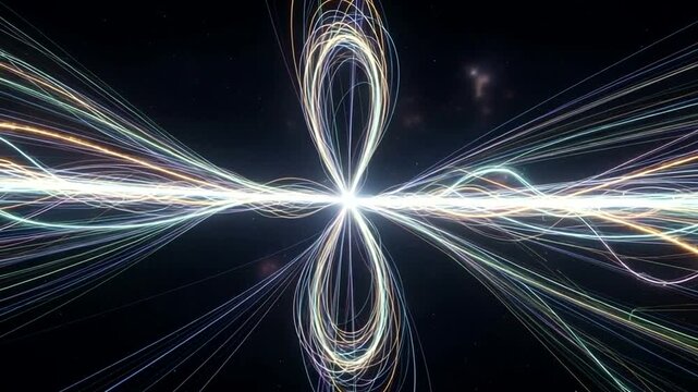 Abstract light trails forming an infinity symbol against a starry backdrop
