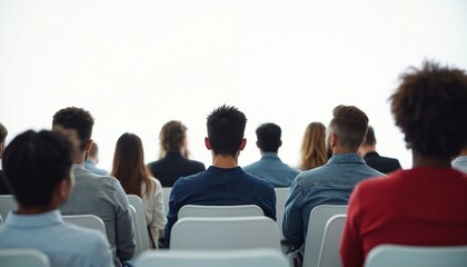 Diverse crowd sitting in rows, facing forward. People attend event indoors, listen attentively to speaker. Audience watches presentation, focused on information sharing.