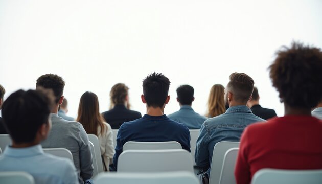 Diverse crowd sitting in rows, facing forward. People attend event indoors, listen attentively to speaker. Audience watches presentation, focused on information sharing.