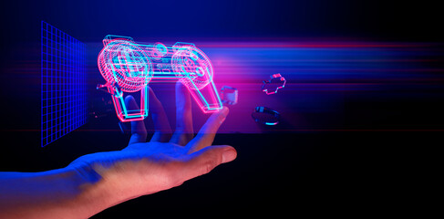 gamer hand touching and interactive to holographic of gaming joystick controller, game and esports...