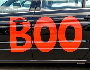 A black car displays large, vibrant orange letters that read Boo, creating a festive Halloween atmosphere. The design is bold and eye-catching, adding to the seasonal spirit Generative AI