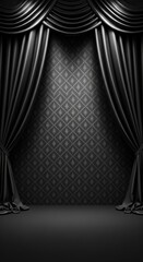 Fototapeta premium Elegant Theater Stage With Black Curtains - A dramatic theater stage with luxurious black curtains and a patterned backdrop, creating a sophisticated setting