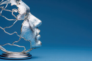 Metal face sculpture abstract art silver wire human profile blue background modern design creative concept artistic expression minimal style contemporary decor