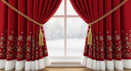 Red Curtains With Window View - Elegant red curtains frame a snowy window view, creating a cozy and festive atmosphere