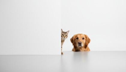 Golden retriever and tabby cat peek from behind a blank white wall, sharing a curious, friendly moment with ample copy space for text, banner or advertisement use
