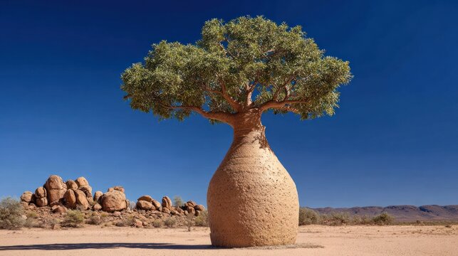 A mature bottle tree stands tall against a clear blue sky in a desert landscape