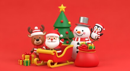 Fototapeta premium Christmas Scene With Cartoon Characters - A vibrant Christmas scene featuring cartoon characters, including Santa Claus, a reindeer, a snowman, and a penguin, with a red background