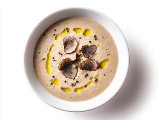 Luxurious creamy mushroom soup garnished with fresh truffle slices and olive oil, a gourmet delight.