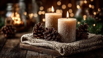 Lit candles with pinecones and greenery on a rustic table, warm bokeh lights in the background create a festive holiday ambiance.