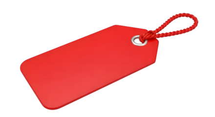 A bright red blank tag with a braided string loop, isolated on transparent background