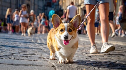 Happy Corgi Walking on Cobblestone Street Surrounded by People in a Vibrant Urban Setting on a Sunny Day, Capturing the Joy of Pets and Active City Life