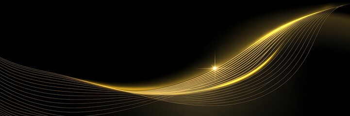 Dynamic golden wave with bright light and fine lines on a black background abstract