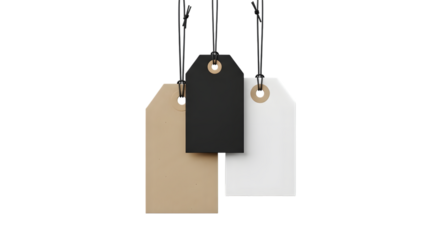 Three blank tags, one black, one white, and one kraft paper, hanging from strings isolated on transparent background