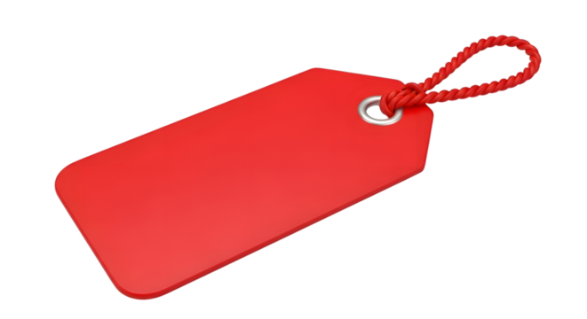 A bright red blank tag with a braided string loop, isolated on transparent background
