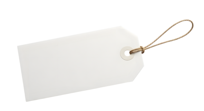 A blank white paper tag with a string loop, isolated on transparent background