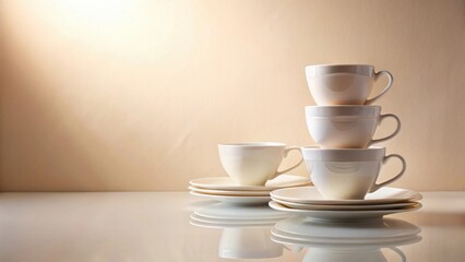 Fototapeta premium A Stack of Elegant Porcelain Teacups and Saucers on a Reflective Surface