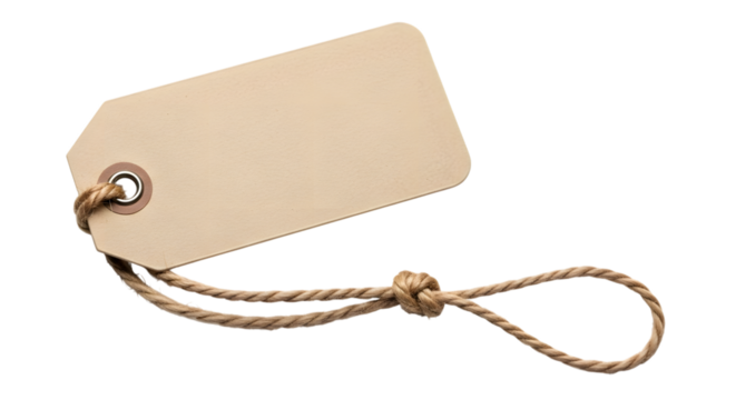 A blank kraft paper tag with a string loop, isolated on a transparent background, ready for custom text or branding