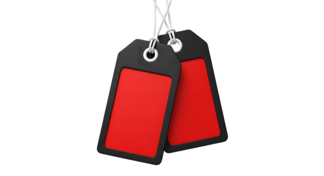Two blank red and black price tags hanging from strings, isolated on transparent background