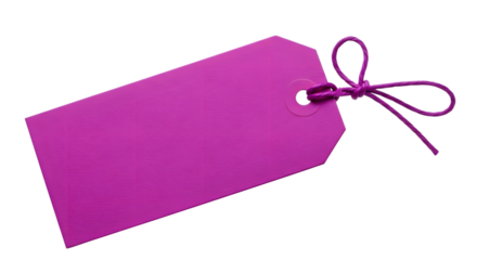 A single, bright pink gift tag with a textured surface and a string tied through the hole, isolated on a transparent background