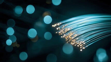 Glowing fiber optic cables with illuminated tips against dark turquoise background with bokeh lights, modern technology and digital communication concept.