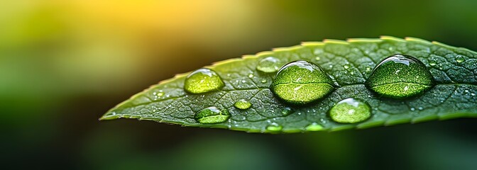 Fresh green leaf with morning dew drops in macro photography. Natural water droplets on plant surface create spherical patterns against blurred background.