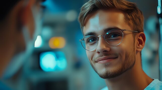Young Caucasian male professional wearing round glasses smiles confidently in modern office environment with blue ambient lighting and bokeh background effect.