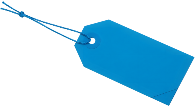 A bright blue blank tag with a string attached, isolated on a transparent background