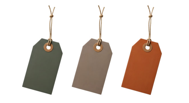 Three blank price tags in different muted colors, hanging by strings and isolated on a transparent background