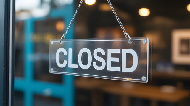 Closed Sign in Storefront Window: A close-up view of a 'Closed' sign hanging on a glass door, conveying a sense of finality and unavailability.
