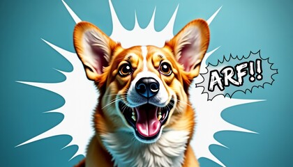 Happy corgi dog with open mouth and cartoon speech bubble saying 'ARF!'  