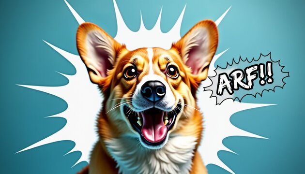 Happy corgi dog with open mouth and cartoon speech bubble saying 'ARF!'  