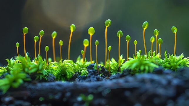 Vibrant green moss sporophytes growing from dark soil in macro view, showing delicate capsules on thin stalks against blurred natural background.