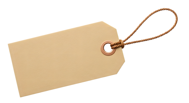 Blank brown cardboard tag with string isolated on transparent background