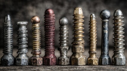 A Close-Up of Vintage Metal Screws and Bolts on a Wooden Surface, Showcasing Patinas, Textures, and Unique Designs for Industrial and Craft Applications