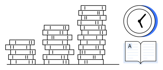 Stacks of books growing taller, an open book beside a clock. Ideal for education, studying, time management, progress, academic growth, knowledge organization. Simple flat metaphor