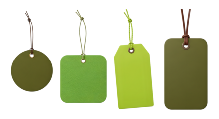 Four different shapes of green tags isolated on transparent background