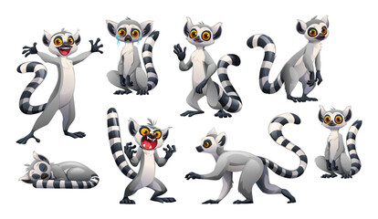 Funny ring-tailed lemur characters set showing various emotions and poses like sleeping, running, and smiling. Vector cartoon character illustration