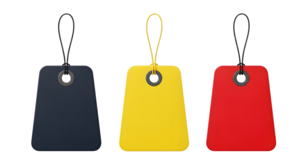 Three blank price tags in different colors, navy blue, yellow, and red, isolated on transparent background