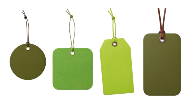 Four different shapes of green tags isolated on transparent background
