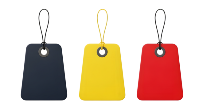 Three blank price tags in different colors, navy blue, yellow, and red, isolated on transparent background - Powered by Adobe