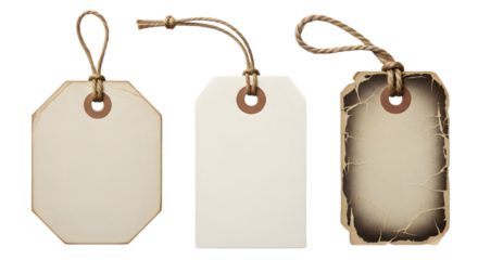 Three blank paper tags with string, isolated on transparent background