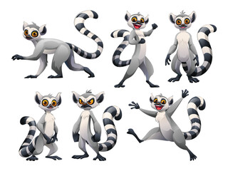 Collection of ring-tailed lemur characters in different happy and angry poses for kids' books or games. Vector cartoon character illustration