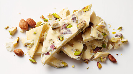 Delicious white chocolate bark studded with pistachios and almonds, a sweet indulgence