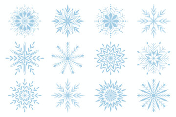 Set of diverse blue snowflakes isolated on a white background. Flat vector illustration.	