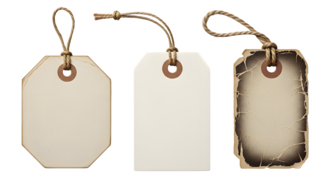 Three blank paper tags with string, isolated on transparent background - Powered by Adobe