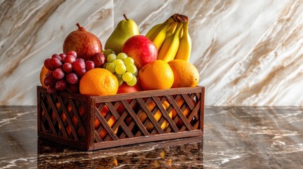 Fresh and Vibrant Assortment of Fruits in a Decorative Wooden Basket on a Stylish Marble Surface, Perfect for Culinary and Lifestyle Imagery