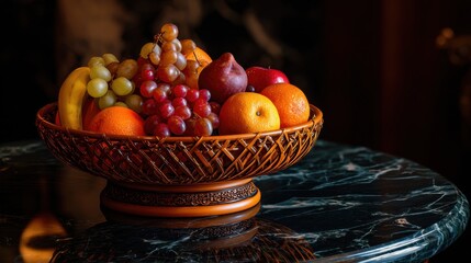 Elegant Fruit Arrangement in Wooden Bowl on Marble Table with Soft Natural Light Showcasing Fresh Grapes, Apples, Bananas, and Pears for Home Decor or Culinary Inspiration