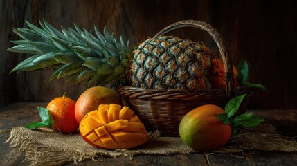 A Beautifully Arranged Fruit Basket Featuring Fresh Pineapple, Juicy Mangoes, and Vibrant Oranges on a Rustic Wooden Surface with Warm Tones