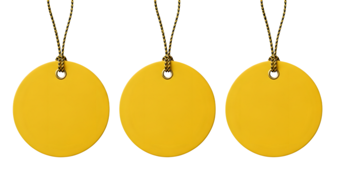Three blank yellow circular tags with strings hanging, isolated on transparent background