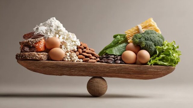 Balancing Nutrition: A visually captivating display of essential food groups delicately arranged on a wooden balance, showcasing a balanced and healthy diet for optimal well-being.